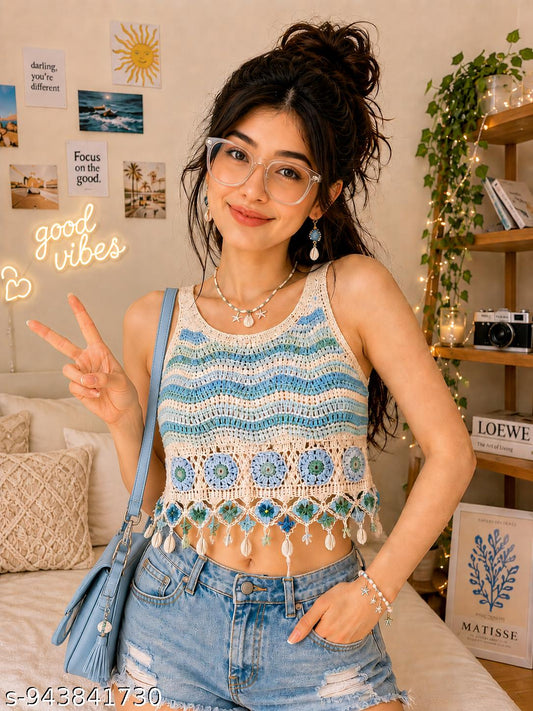 Women’s Handmade Crochet Knit Floral Sleeveless Cardigan Top | Vintage Aesthetic Button Vest | Boho Summer Crop