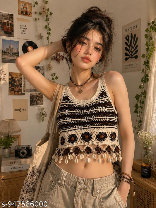 Women’s Handmade Crochet Knit Floral Sleeveless Cardigan Top | Vintage Aesthetic Button Vest | Boho Summer Crop