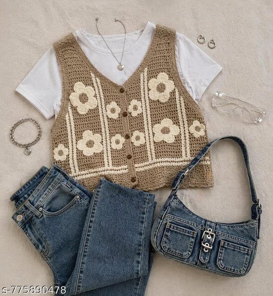 Women’s Handmade Crochet Knit Floral Sleeveless Cardigan Top | Vintage Aesthetic Button Vest | Boho Summer Crop