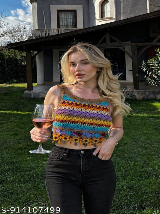 Women’s Handmade Crochet Knit Floral Sleeveless Cardigan Top | Vintage Aesthetic Button Vest | Boho Summer Crop