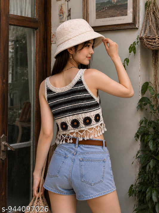 Women’s Handmade Crochet Knit Floral Sleeveless Cardigan Top | Vintage Aesthetic Button Vest | Boho Summer Crop