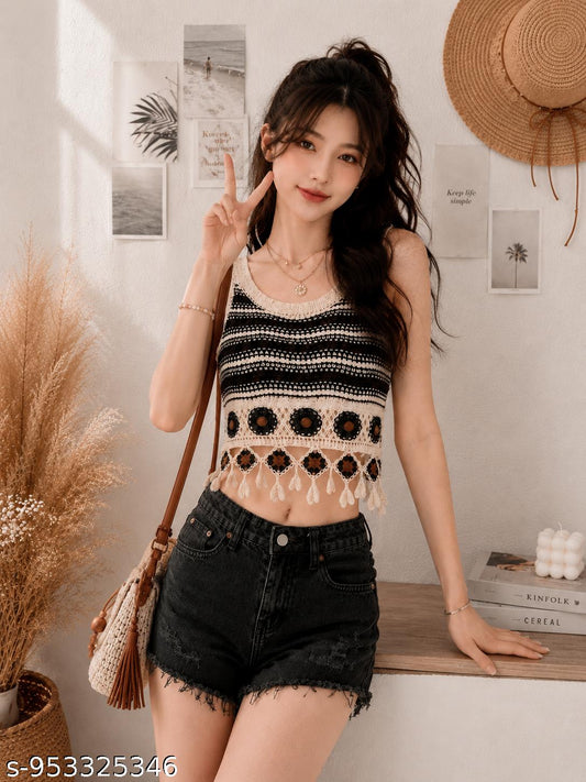 Women’s Handmade Crochet Knit Floral Sleeveless Cardigan Top | Vintage Aesthetic Button Vest | Boho Summer Crop