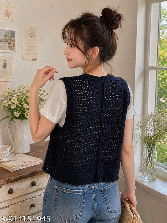 Women’s Handmade Crochet Knit Floral Sleeveless Cardigan Top | Vintage Aesthetic Button Vest | Boho Summer Crop