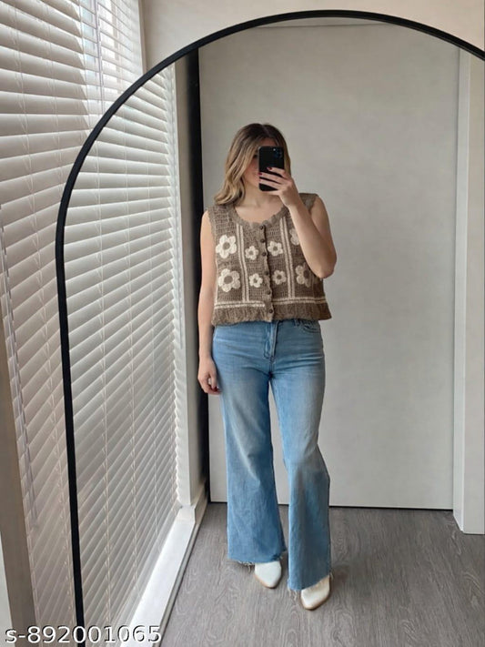 Women’s Handmade Crochet Knit Floral Sleeveless Cardigan Top | Vintage Aesthetic Button Vest | Boho Summer Crop