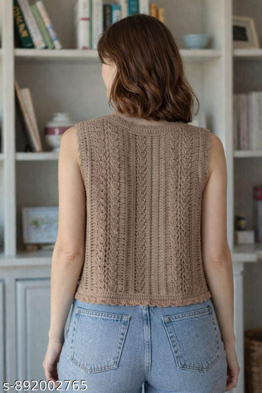 Women’s Handmade Crochet Knit Floral Sleeveless Cardigan Top | Vintage Aesthetic Button Vest | Boho Summer Crop