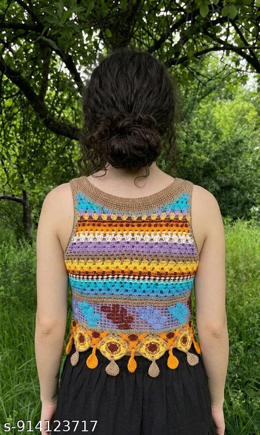 Women’s Handmade Crochet Knit Floral Sleeveless Cardigan Top | Vintage Aesthetic Button Vest | Boho Summer Crop